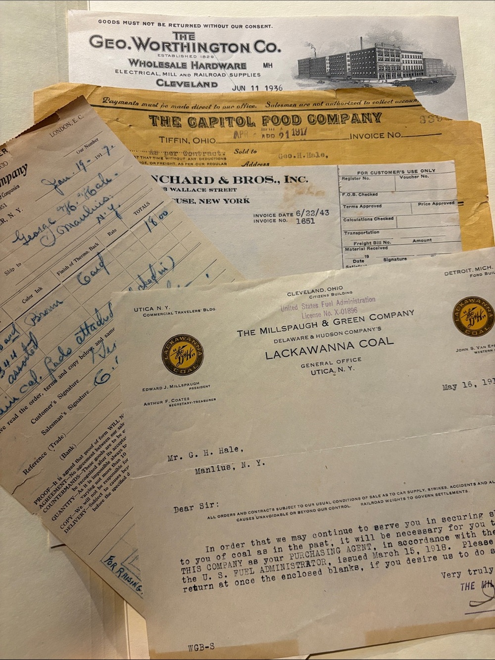 Vintage Ephemera Lot 1917-1943 New York & Ohio Industrial Invoices WWI Coal